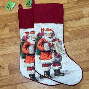 Two NEW Santa Christmas Stockings 8" X 20" Red‎ With Santa Print By World Market